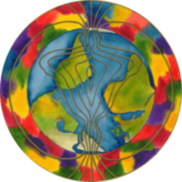 A contemporary, colorful mandala with Earth at its center. 