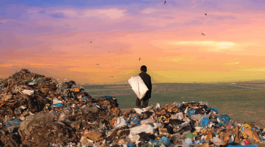 a sprawling garbage dump in Gaza, softened by a beautiful sunset